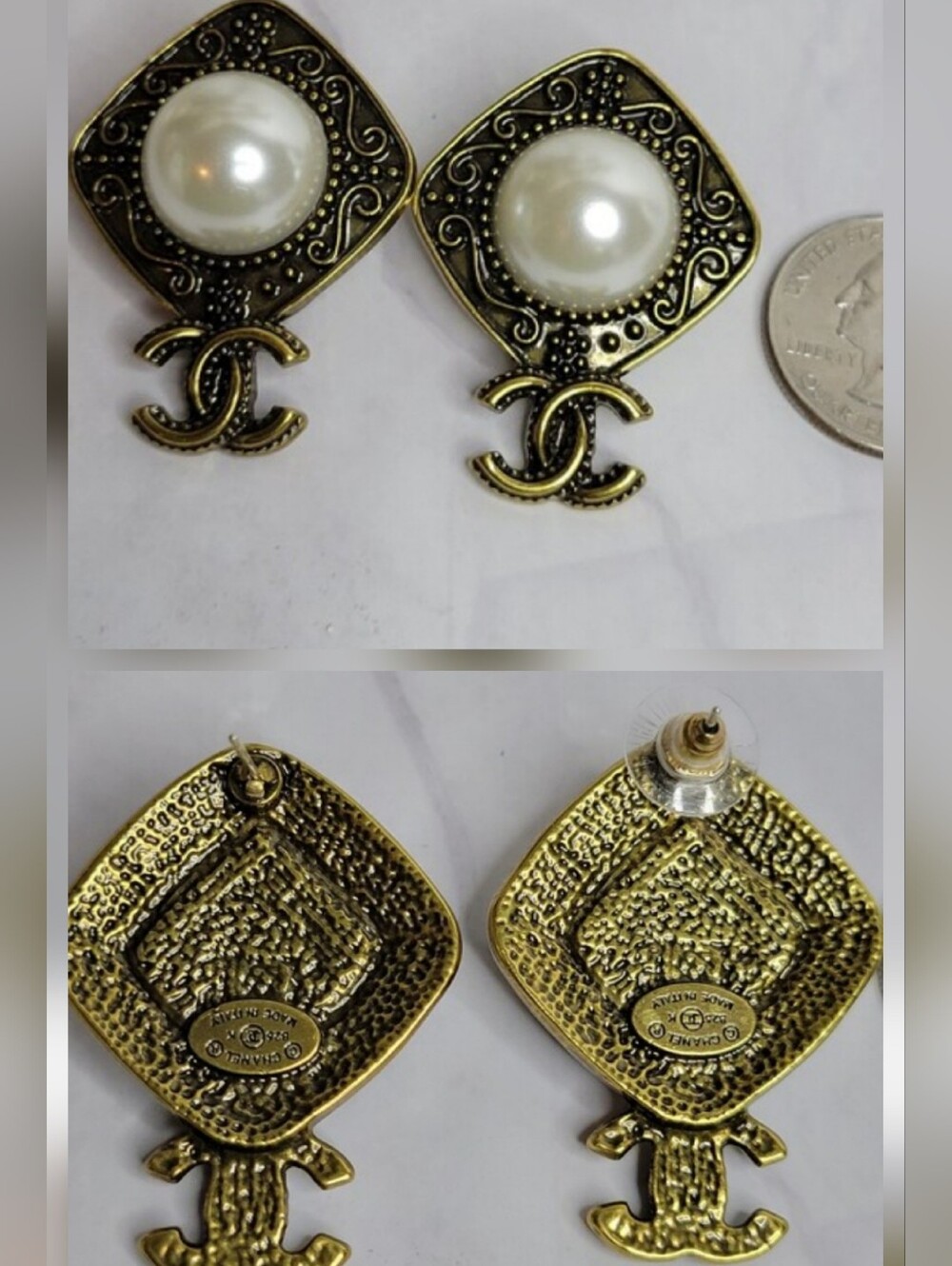 Vintage Style, Antique Gold Finish, Pearl CC Earrings, New